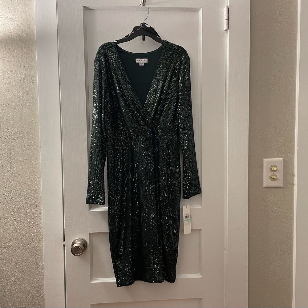 Green Sequin Calvin Klein Wrap Dress NWT